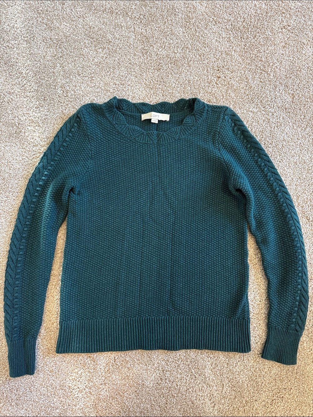 LOFT Deep Teal Cable-Trim Crewneck Sweater